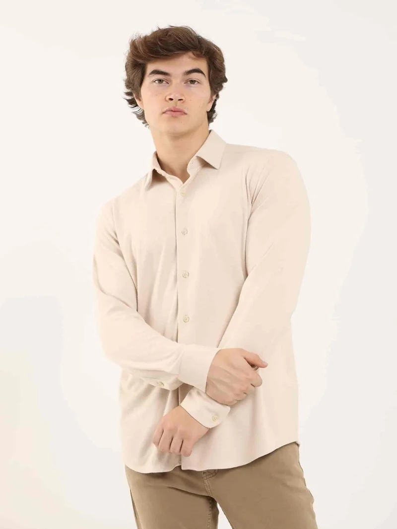 Dufy Beige Men's Slim Fit Classic Collar Long Sleeve Shirt