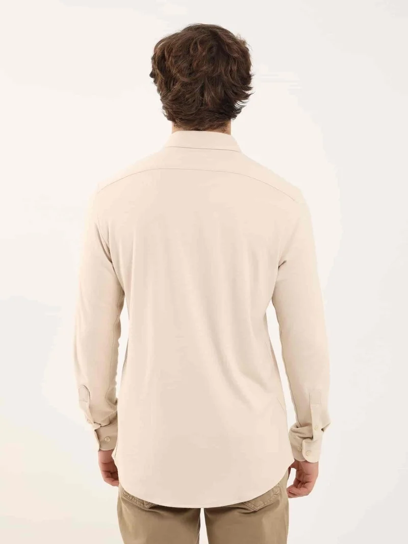 Dufy Beige Men's Slim Fit Classic Collar Long Sleeve Shirt