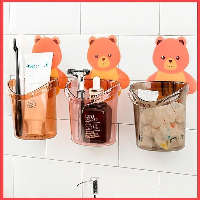 Copelle Toothbrush Holders for Bathroom Waterproof Self Adhesive Wall Mount for All Types Tooth Brush, Toothpaste, Face-Cream, Lotion,Comb Teddy Bear Shaped with Water Drain Hole(3 Pcs) - Image 2