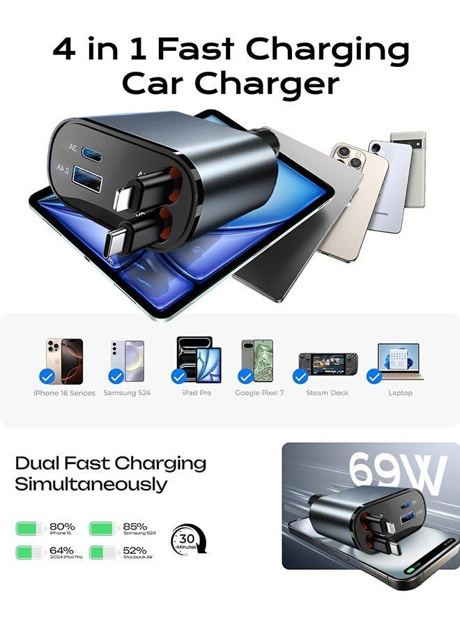 general for iPhone 16 Car Charger Type C Retractable Car Charger, 69W USB C Car Charger Adapter, Gifts for Men Women, Car Accessories for Apple iPhone 15 14 13 Pro Max Plus, Samsung Galaxy, Android - Image 4