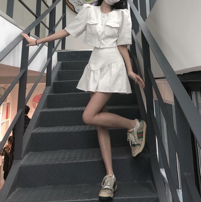Two-Piece Set Womens Summer Pure White Fairy Korean Style Elegant Chanel Style Puff Sleeve Exquisite Short Top Puffy Short Skirt Set Top - Image 3