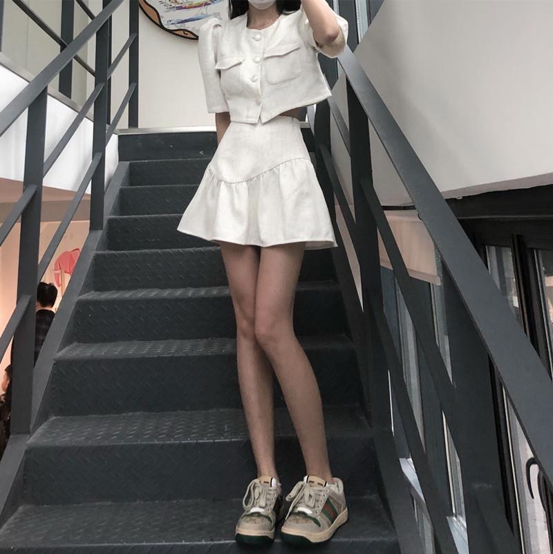 Two-Piece Set Womens Summer Pure White Fairy Korean Style Elegant Chanel Style Puff Sleeve Exquisite Short Top Puffy Short Skirt Set Top - Image 5