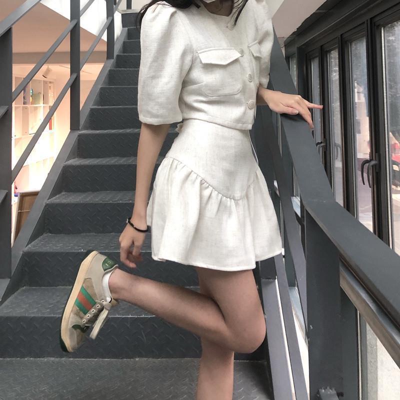 Two-Piece Set Womens Summer Pure White Fairy Korean Style Elegant Chanel Style Puff Sleeve Exquisite Short Top Puffy Short Skirt Set Top - Image 4