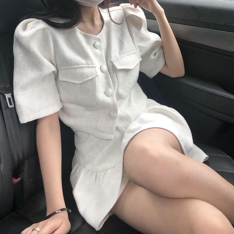 Two-Piece Set Womens Summer Pure White Fairy Korean Style Elegant Chanel Style Puff Sleeve Exquisite Short Top Puffy Short Skirt Set Top - Image 2