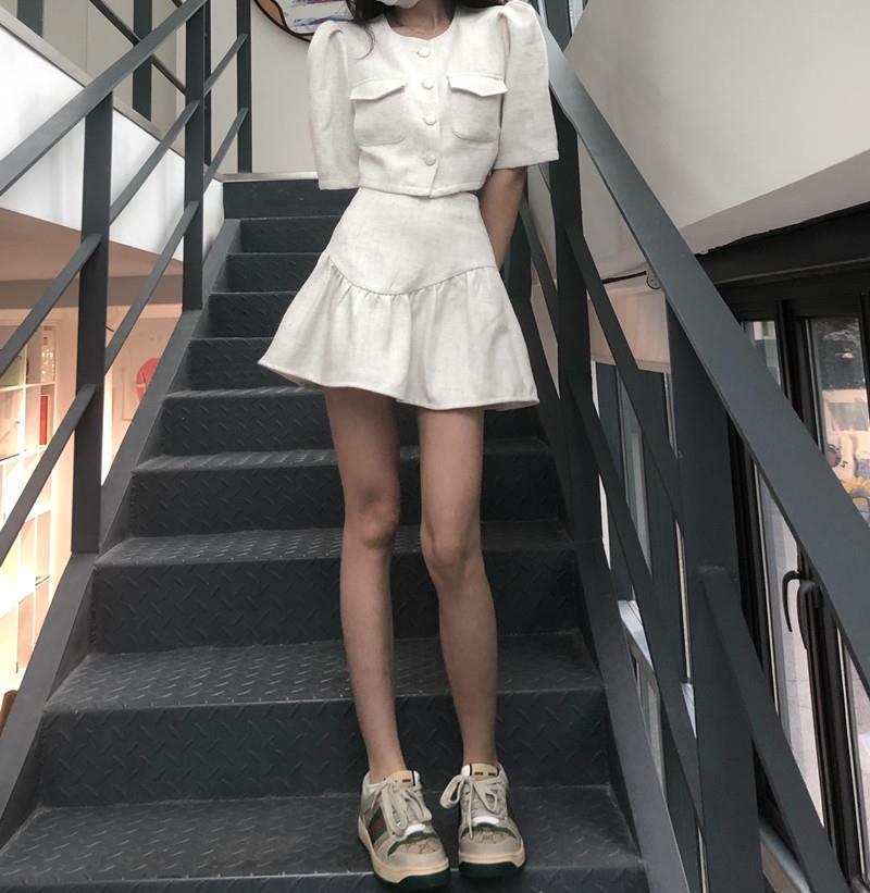 Two-Piece Set Womens Summer Pure White Fairy Korean Style Elegant Chanel Style Puff Sleeve Exquisite Short Top Puffy Short Skirt Set Top - Image 1