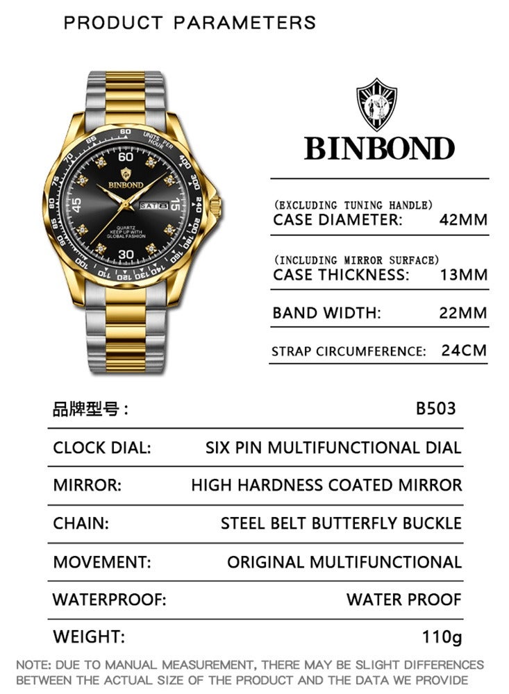 BINBOND Fashion Quartz Men Wristwatches Business Stainless Steel Strap Waterproof Watches For Men Calendar Week Display Watch - Image 3