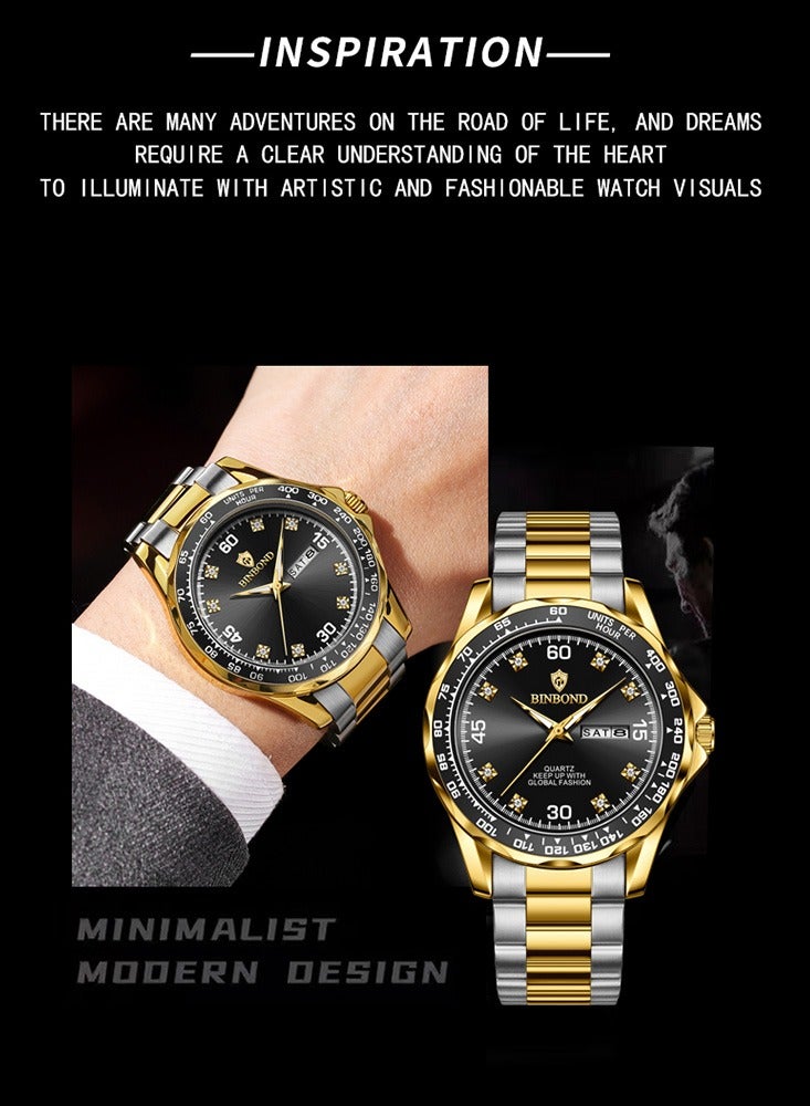 BINBOND Fashion Quartz Men Wristwatches Business Stainless Steel Strap Waterproof Watches For Men Calendar Week Display Watch - Image 2