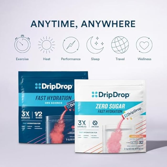 DripDrop حزم ترطيب درب دروب خالية من السكر - مجموعة متنوعة كلاسيكية صفراء - مسحوق مشروب إلكتروليتات بحصة واحدة - ليمون ليم، بطيخ، خوخ، فاكهة العاطفة - غير معدلة وراثيًا، خالية من الغلوتين، نباتية - 16 عصا - Image 5