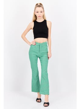 MANGO Women Regular Fit Skinny Leg Checked Bootcut Pants, Green  - Image 4