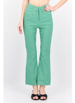 MANGO Women Regular Fit Skinny Leg Checked Bootcut Pants, Green  - Image 1