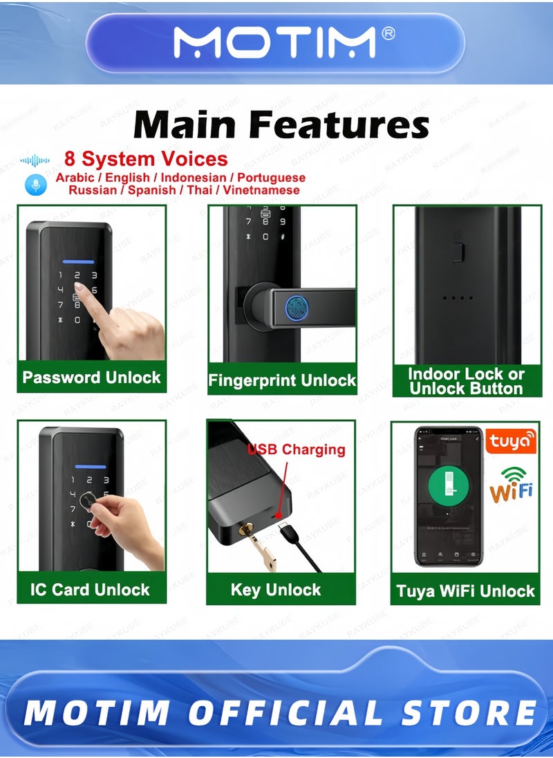 Motim - Smart Door Lock Easy to Install Double Security 100 Fingerprints 100 Groups of IC Cards APP Remote Unlocking Suitable for Door Thickness 35mm-100mm - Image 1