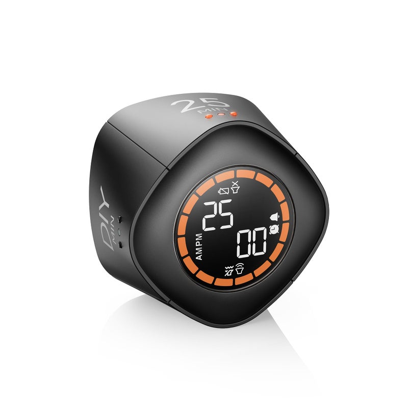 VEWINGL Cube Productivity Timer, 5/10/25/DIY Min Presets + Count-Up Mode, Time Display & Alarm Clock, Sound/Vibrate/Silent Alerts, Pause & Resume, Desk Timer for Work, Study, Kitchen (Black) - Image 1