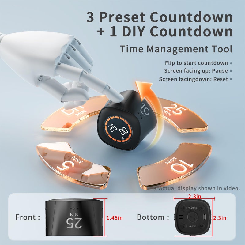 VEWINGL Cube Productivity Timer, 5/10/25/DIY Min Presets + Count-Up Mode, Time Display & Alarm Clock, Sound/Vibrate/Silent Alerts, Pause & Resume, Desk Timer for Work, Study, Kitchen (Black) - Image 2