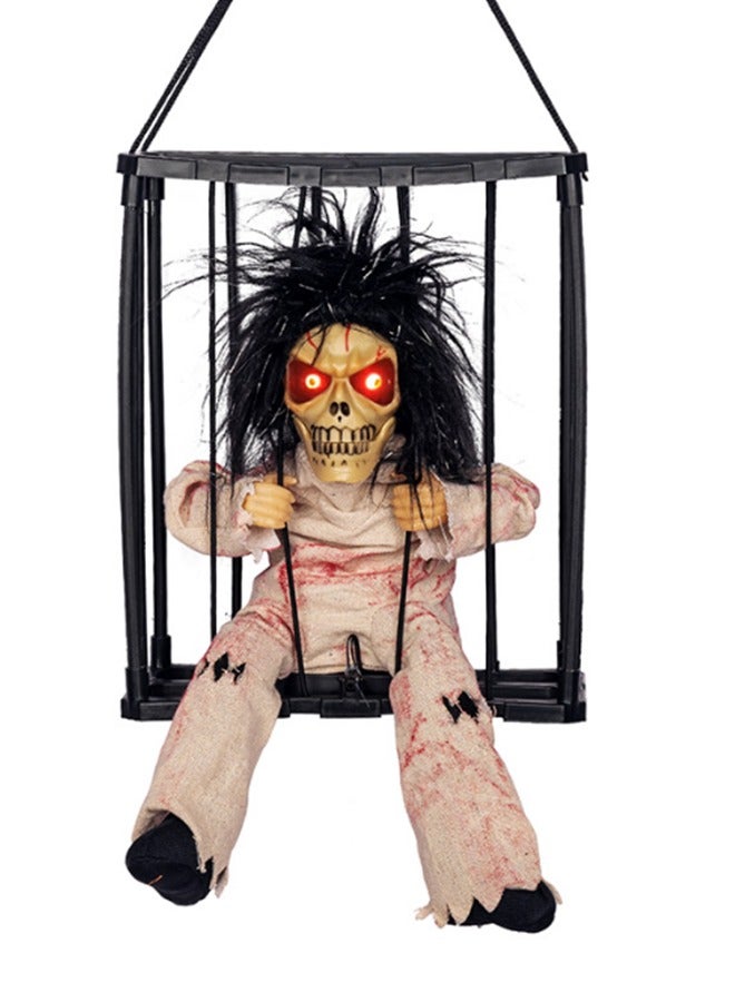 JCB CHIC ديكورات الهالوين ألعاب مخيفة للرسوم المتحركة، عيون مضيئة سجين شبح في القفص، ديكور شبح هيكل عظمي صوت زاحف، ديكور الهالوين المنشط بالحركة، دعامة منزل مسكون مخيف للأطفال البالغين - Image 1