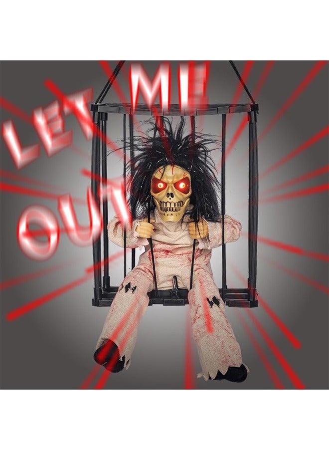 JCB CHIC ديكورات الهالوين ألعاب مخيفة للرسوم المتحركة، عيون مضيئة سجين شبح في القفص، ديكور شبح هيكل عظمي صوت زاحف، ديكور الهالوين المنشط بالحركة، دعامة منزل مسكون مخيف للأطفال البالغين - Image 3