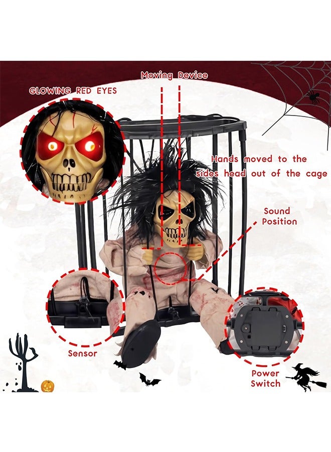 JCB CHIC ديكورات الهالوين ألعاب مخيفة للرسوم المتحركة، عيون مضيئة سجين شبح في القفص، ديكور شبح هيكل عظمي صوت زاحف، ديكور الهالوين المنشط بالحركة، دعامة منزل مسكون مخيف للأطفال البالغين - Image 4