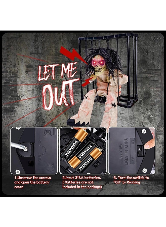 JCB CHIC ديكورات الهالوين ألعاب مخيفة للرسوم المتحركة، عيون مضيئة سجين شبح في القفص، ديكور شبح هيكل عظمي صوت زاحف، ديكور الهالوين المنشط بالحركة، دعامة منزل مسكون مخيف للأطفال البالغين - Image 5