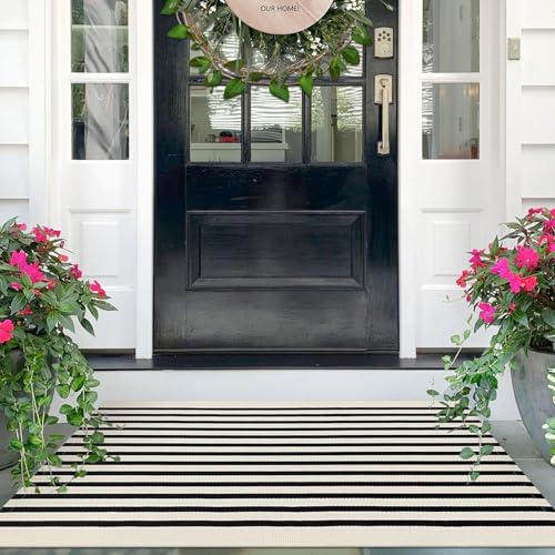 IOHOUZE Black Beige Striped Rug -2.3'x3.6' Front Door Rugs Outdoor, Small Washable Area Rug for Front Porch, Spring Summer Welcome Mats Outdoor Indoor, Doormat for Entryway Porch Entrance - Image 1