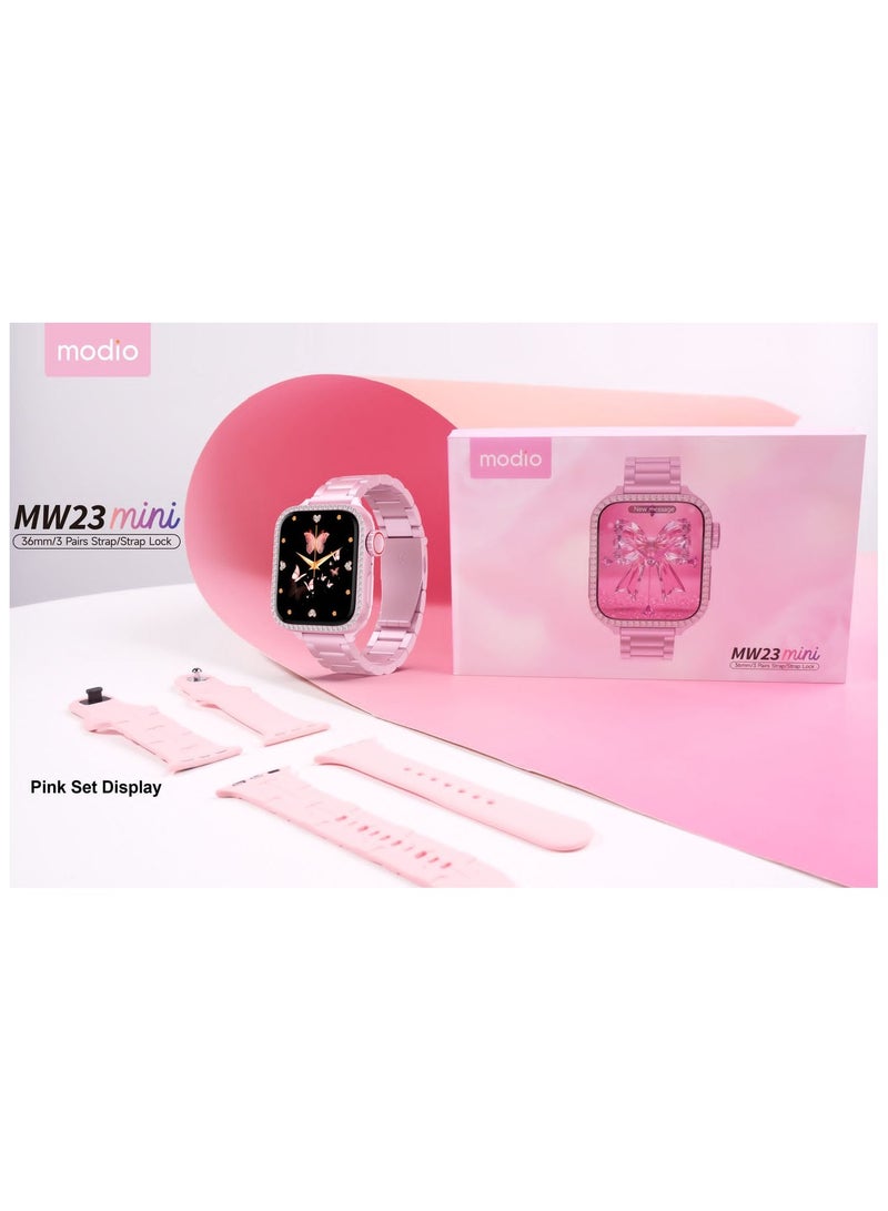 Modio MW23 Mini 36mm Smartwatch With 3 Pairs of Straps and Charging Cable Designed for Ladies Pink - Image 2