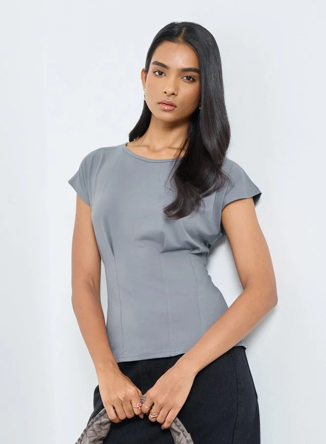 Take Two Take Two Grey Solid Cap Sleeves T-Shirt