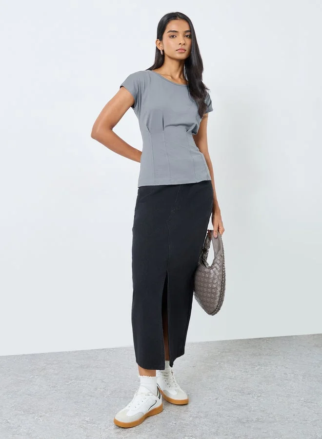 Take Two Take Two Grey Solid Cap Sleeves T-Shirt