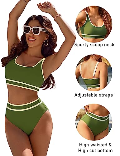 BMJL Women's High Waisted Bikini Sets Sporty Two Piece Swimsuits Color Block Cheeky High Cut Bathing Suits(M,Army Green) - Image 3