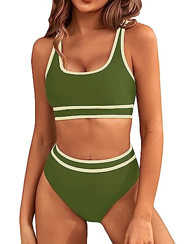 BMJL Women's High Waisted Bikini Sets Sporty Two Piece Swimsuits Color Block Cheeky High Cut Bathing Suits(M,Army Green) - Image 1