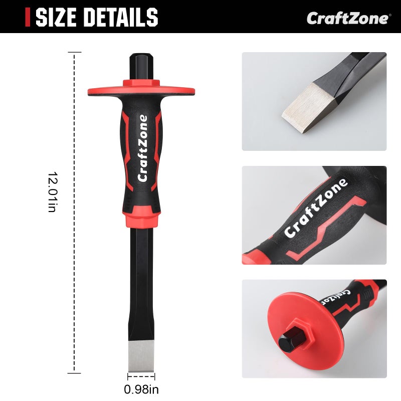 CRAFTZONE Masonry Chisel, Heavy Duty Flat End Rock Concrete Mortar Stone Brick Chisel with Protective Hand Guard for Breaking Carving Splitting Cutting Mason Tools (12-Inch) - Image 3