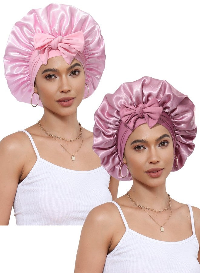 CHLINS 2 PCS Satin Bonnet Hair Bonnet for Sleeping Women Satin Hair Wrap with Elastic Tie Band Sleep Night Cap for Curly Hair (Bean Paste+Pink) - Image 1