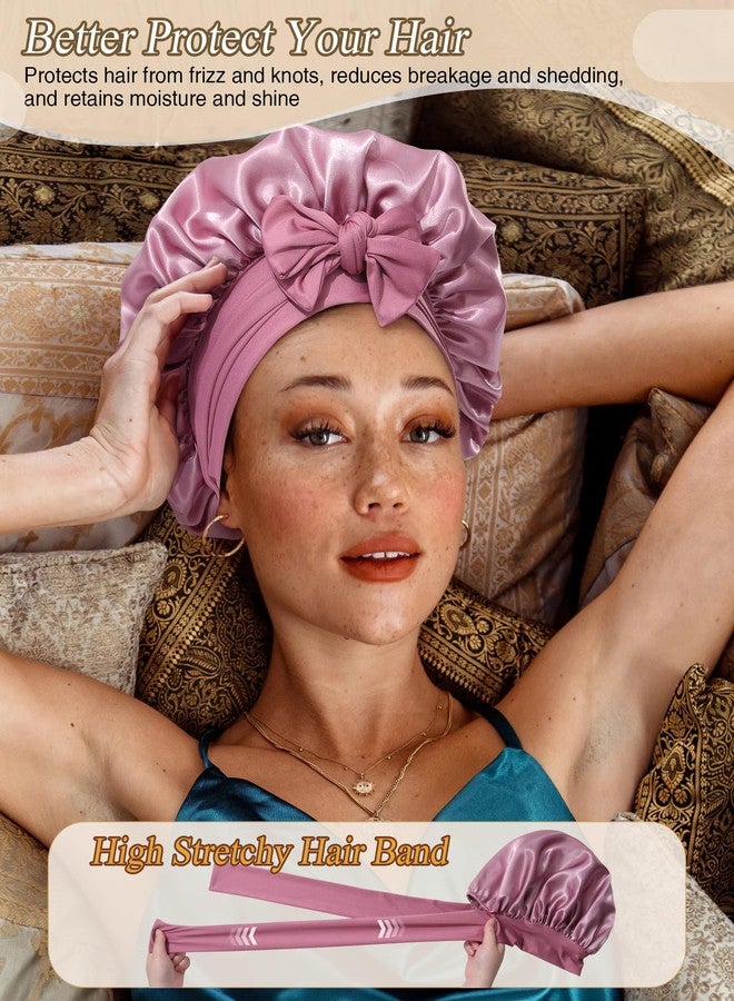 CHLINS 2 PCS Satin Bonnet Hair Bonnet for Sleeping Women Satin Hair Wrap with Elastic Tie Band Sleep Night Cap for Curly Hair (Bean Paste+Pink) - Image 5