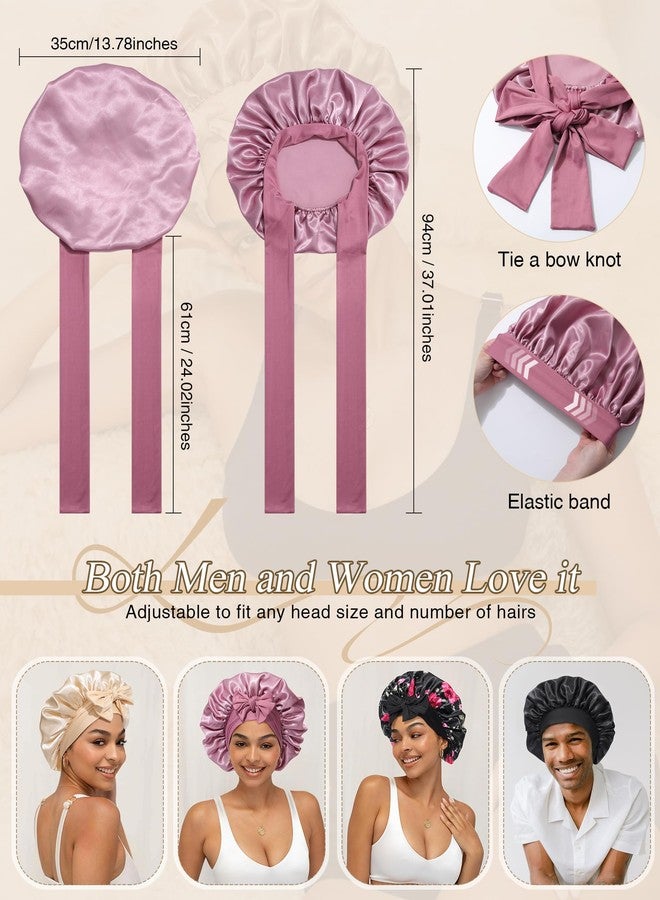 CHLINS 2 PCS Satin Bonnet Hair Bonnet for Sleeping Women Satin Hair Wrap with Elastic Tie Band Sleep Night Cap for Curly Hair (Bean Paste+Pink) - Image 2