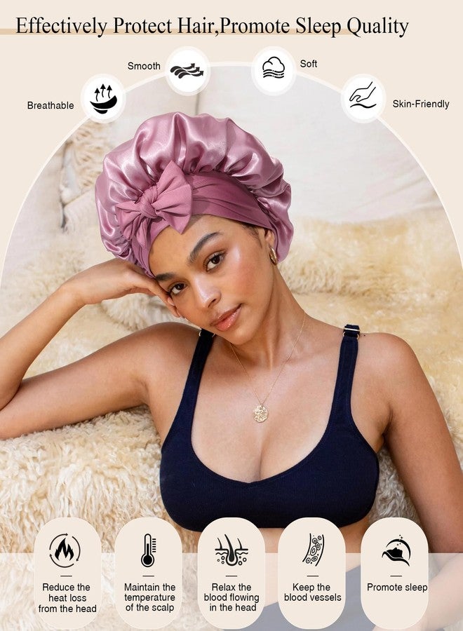 CHLINS 2 PCS Satin Bonnet Hair Bonnet for Sleeping Women Satin Hair Wrap with Elastic Tie Band Sleep Night Cap for Curly Hair (Bean Paste+Pink) - Image 4