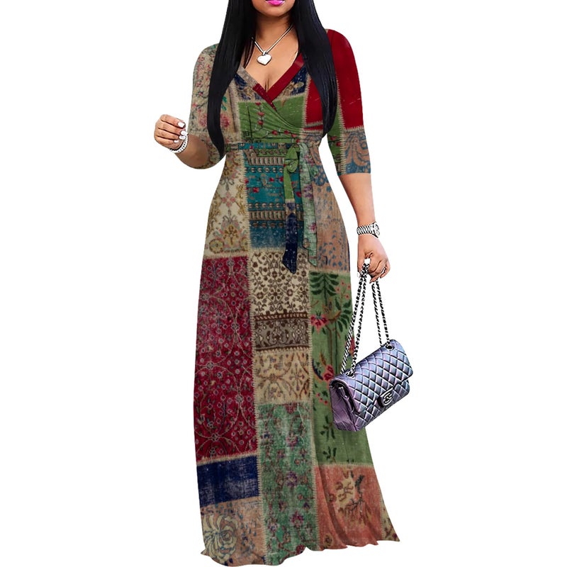 PinkPatty Women's Print Maxi Dresses 3/4 Sleeves Flowy Long Dress V Neck Wrap Tie Waist Sundressï¼ˆColorful11 Lï¼‰ - Image 1