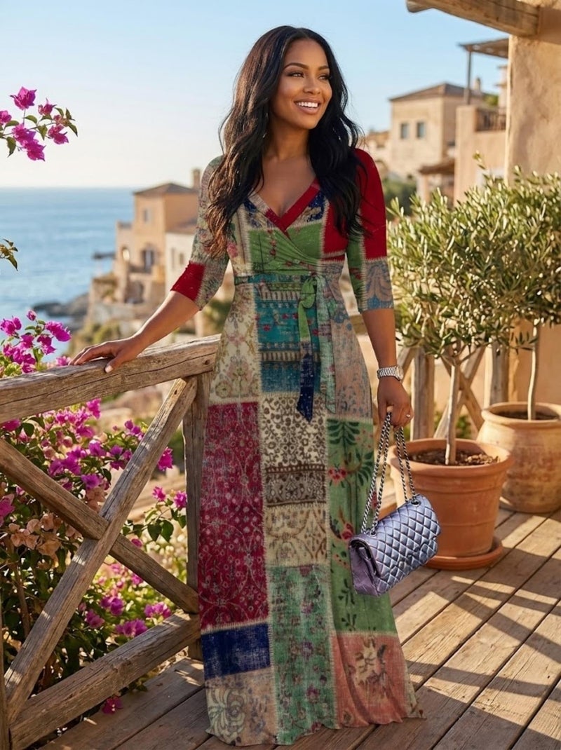 PinkPatty Women's Print Maxi Dresses 3/4 Sleeves Flowy Long Dress V Neck Wrap Tie Waist Sundressï¼ˆColorful11 Lï¼‰ - Image 2