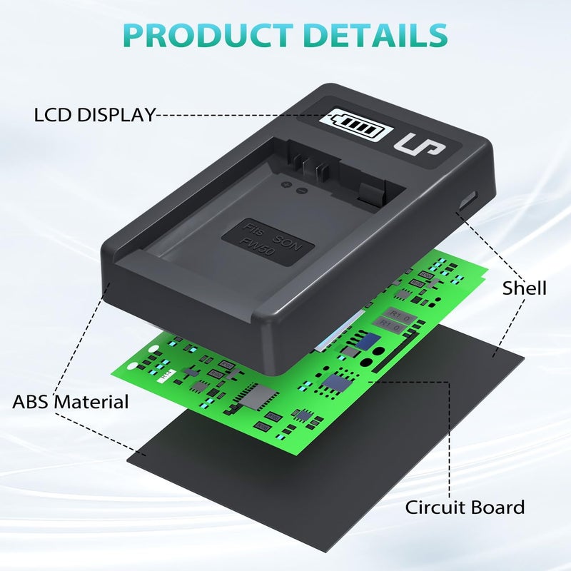 L & P NP-FW50 Battery Charger, LCD Display USB Charge Port Station, Compatible with Alpha A6000, A6400, A6100, A6300, A6500, A5100, A7, A7 II, A7R, A7R II, A7S, A7S II, RX10, NEX-3/5/7 Series & More - Image 3