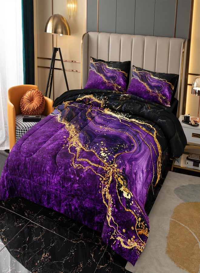 Bedorm Black Gold Comforter Set Purple Marble Bedding Set Queen Size Black Marble Stone Abstract Artwork Bedroom Decor Black Marble Comforter Sets for All Season - Image 3