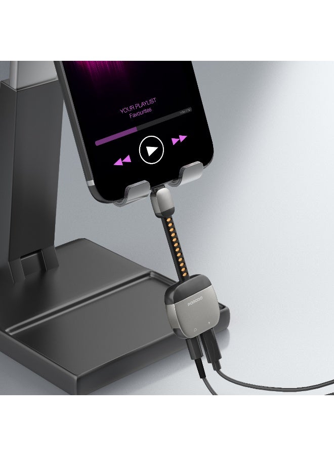 porodo 2-IN-1 Adapter Lightning to 3.5MM AUX Audio & Charging with 10W PD / Lightning Devices Compatibility / 3.5mm Stereo Jack Audio Output / Plug & Play Convenience / Noise Reduction - Gun Grey - Image 2