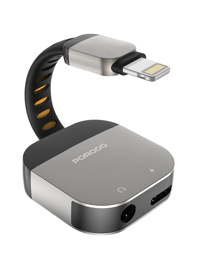 porodo 2-IN-1 Adapter Lightning to 3.5MM AUX Audio & Charging with 10W PD / Lightning Devices Compatibility / 3.5mm Stereo Jack Audio Output / Plug & Play Convenience / Noise Reduction - Gun Grey - Image 1