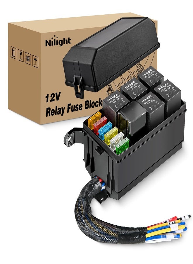 Nilight 12V Fuse Relay Box 6 Relays 6 Slots ATC/ATO Blade Fuse Holder 4Pin 5Pin Terminal 40A Relay Pre-Wired Waterproof Block Kit Universal for Automotive Car Truck Camper Boat - Image 1