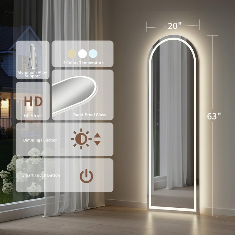 Simple Deluxe 63"x20" Arched Full Length Mirror with LED Lights, Body Floor Mirror with Dimming & 3 Color Lighting, Mirror Full Length for Home Wall Decor, Tall Arch Aluminum Frame for Bedroom Cloakroom - Image 3