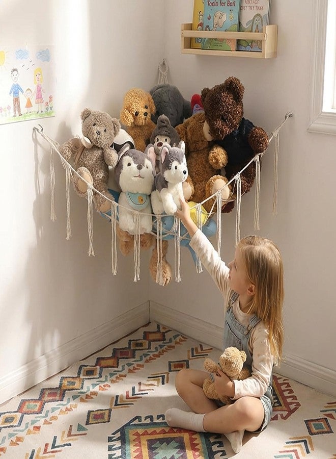 YKBU Stuffed Animals Hammock Corner Hanging Net Macrame Stuffed Animal Storage Plush Toy Holder Toy Organizer for Boho Nursery Playroom Bedroom Kids Room (cream, M) - Image 1