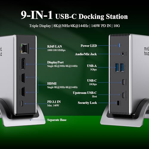 Minthouz USB-C Docking Station, PD3. 1 Docking Station, 3 Monitors with 4K@144Hz, 2×HDMI + DP, 140W PD Charge, USB-C 10Gbps, 2×USB-A 5Gbps, Gigabit Ethernet, Audio/Mic, for Chrome OS & Windows - Image 2