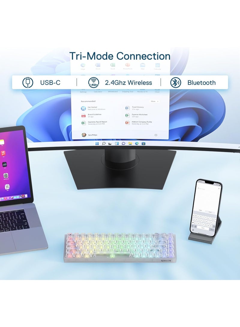 ريدراجون لوحة مفاتيح ألعاب لاسلكية RGB K631 CASTOR PRO 65% 3 أوضاع، 68 مفتاحًا، لوحة مفاتيح ميكانيكية مدمجة شفافة بالكامل مع مقبس PCB قابل للتبديل السريع، مفتاح لمسي - أبيض - Image 3