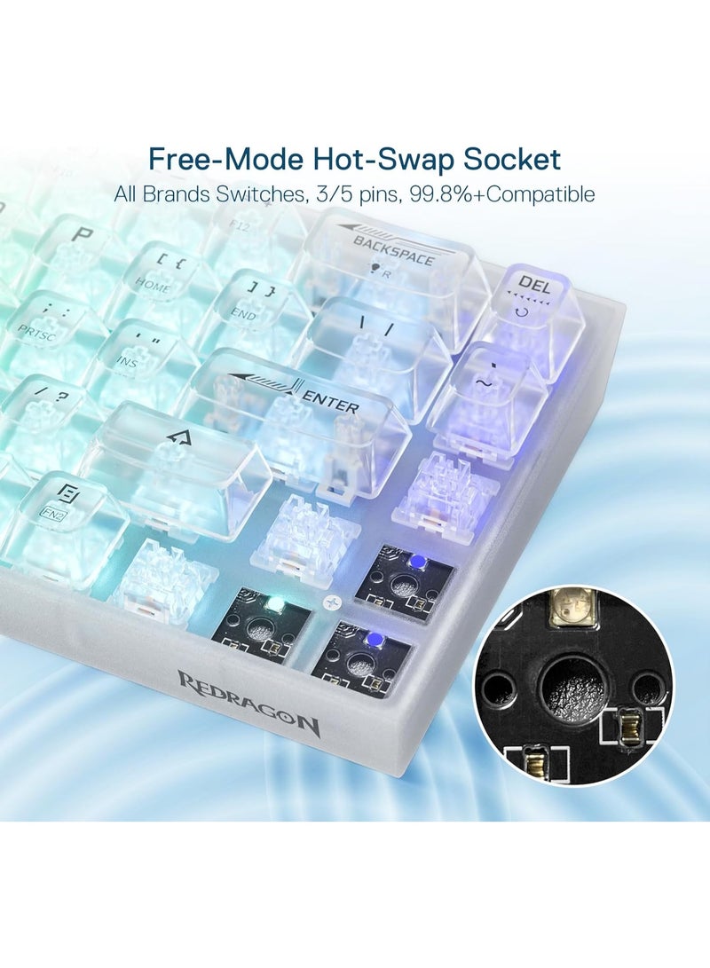 ريدراجون لوحة مفاتيح ألعاب لاسلكية RGB K631 CASTOR PRO 65% 3 أوضاع، 68 مفتاحًا، لوحة مفاتيح ميكانيكية مدمجة شفافة بالكامل مع مقبس PCB قابل للتبديل السريع، مفتاح لمسي - أبيض - Image 5