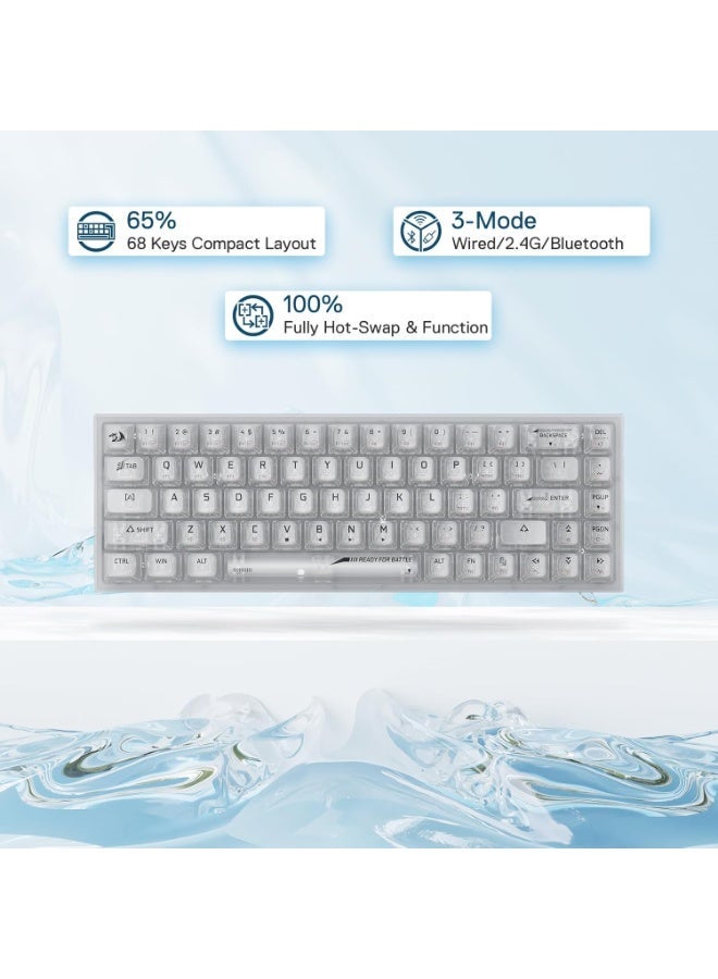 REDRAGON Wireless RGB Gaming Keyboard K631 CASTOR PRO 65% 3-Mode , 68 Keys Compact Full-Transparent Mechanical Keyboard w/Hot-Swap Free-Mod PCB Socket, Tactile Switch - White - Image 3