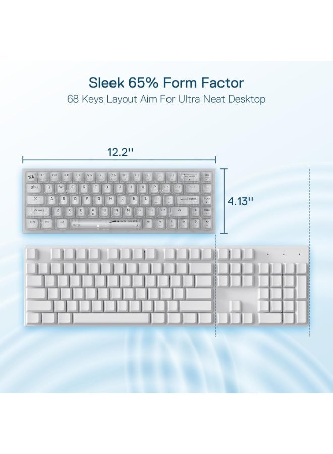 REDRAGON Wireless RGB Gaming Keyboard K631 CASTOR PRO 65% 3-Mode , 68 Keys Compact Full-Transparent Mechanical Keyboard w/Hot-Swap Free-Mod PCB Socket, Tactile Switch - White - Image 5