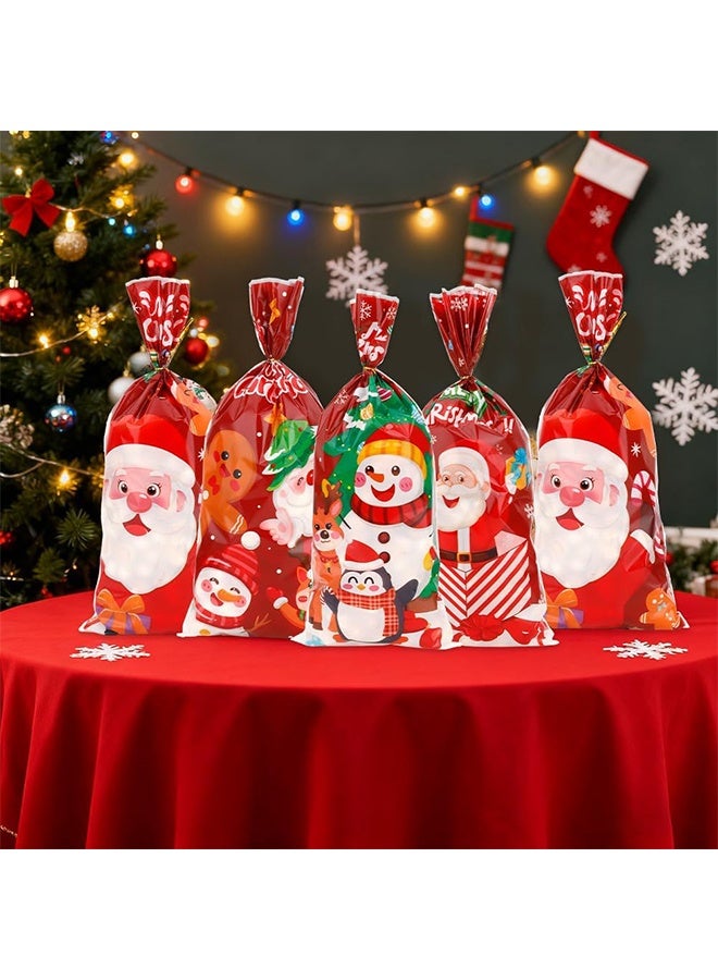أكياس حلوى عيد الميلاد، 100 كيس حلوى عيد الميلاد، أكياس حلوى عيد الميلاد الحمراء من السيلوفان مع أربطة ملتوية، أكياس هدايا من السيلوفان وأكياس بسكويت وحقيبة هدايا لحفلات أعياد الميلاد - Image 3