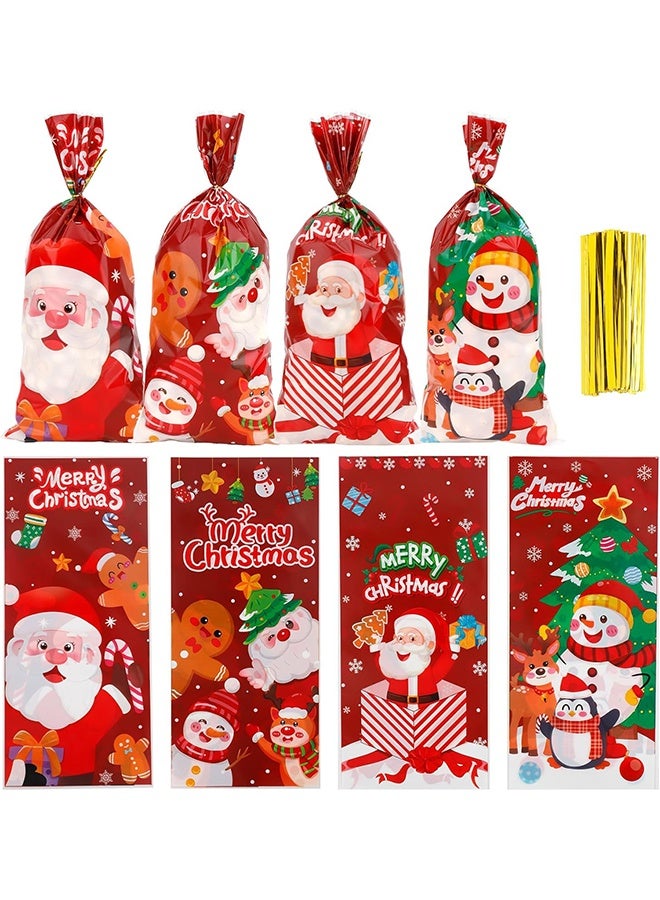 أكياس حلوى عيد الميلاد، 100 كيس حلوى عيد الميلاد، أكياس حلوى عيد الميلاد الحمراء من السيلوفان مع أربطة ملتوية، أكياس هدايا من السيلوفان وأكياس بسكويت وحقيبة هدايا لحفلات أعياد الميلاد - Image 1