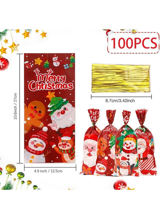 أكياس حلوى عيد الميلاد، 100 كيس حلوى عيد الميلاد، أكياس حلوى عيد الميلاد الحمراء من السيلوفان مع أربطة ملتوية، أكياس هدايا من السيلوفان وأكياس بسكويت وحقيبة هدايا لحفلات أعياد الميلاد - Image 2