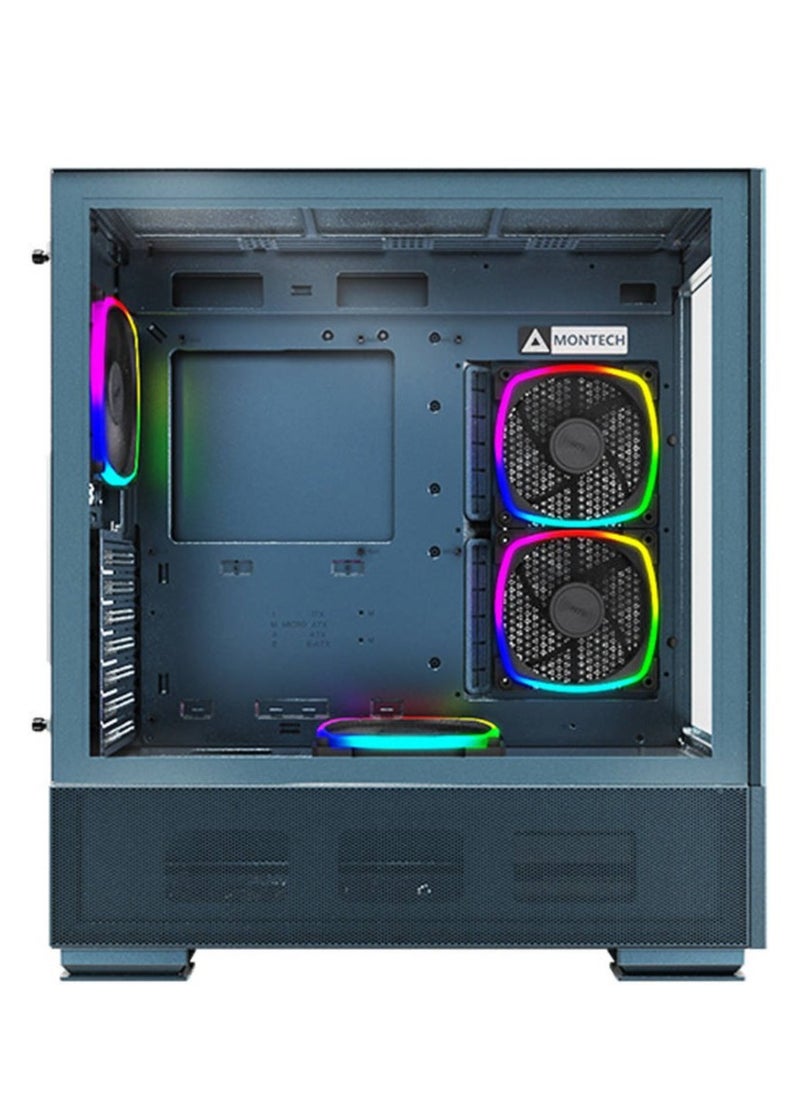 MONTECH - Montech Sky Two, Dual Tempered Glass, 4X PWM ARGB Fans Pre-Installed, ATX Gaming Mid Tower Computer Case, Type C, High Airflow Performance- Morocco Blue - Image 1